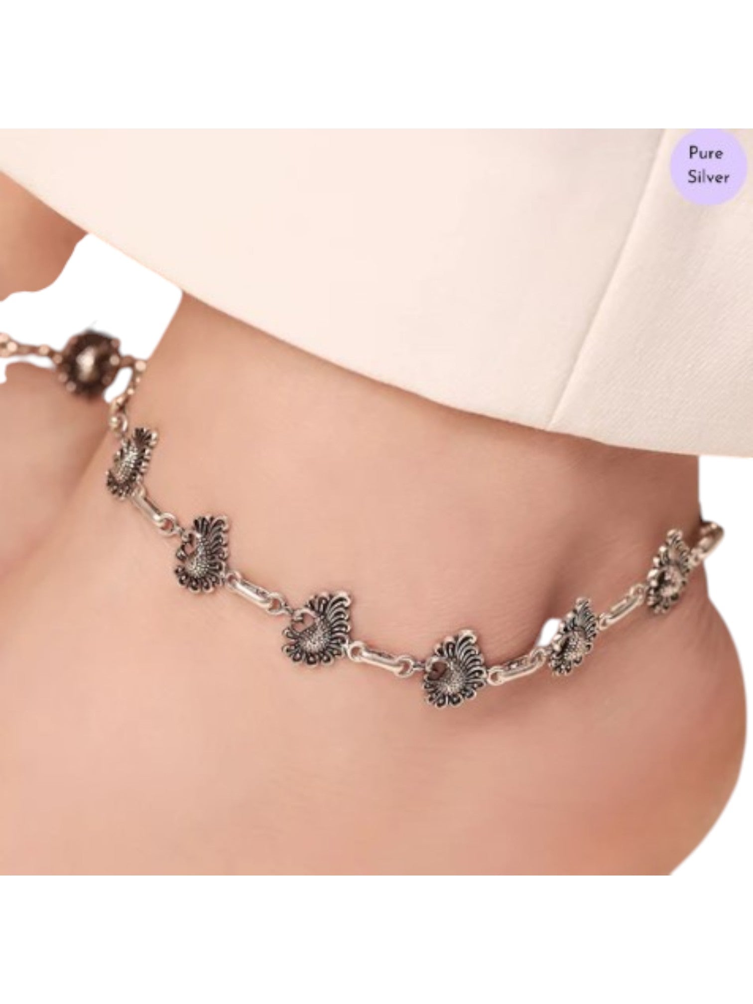 Peacock Plumage Radiance Rhodium-Plated 925 Sterling Silver Anklet By Kesardeep Impex For Women